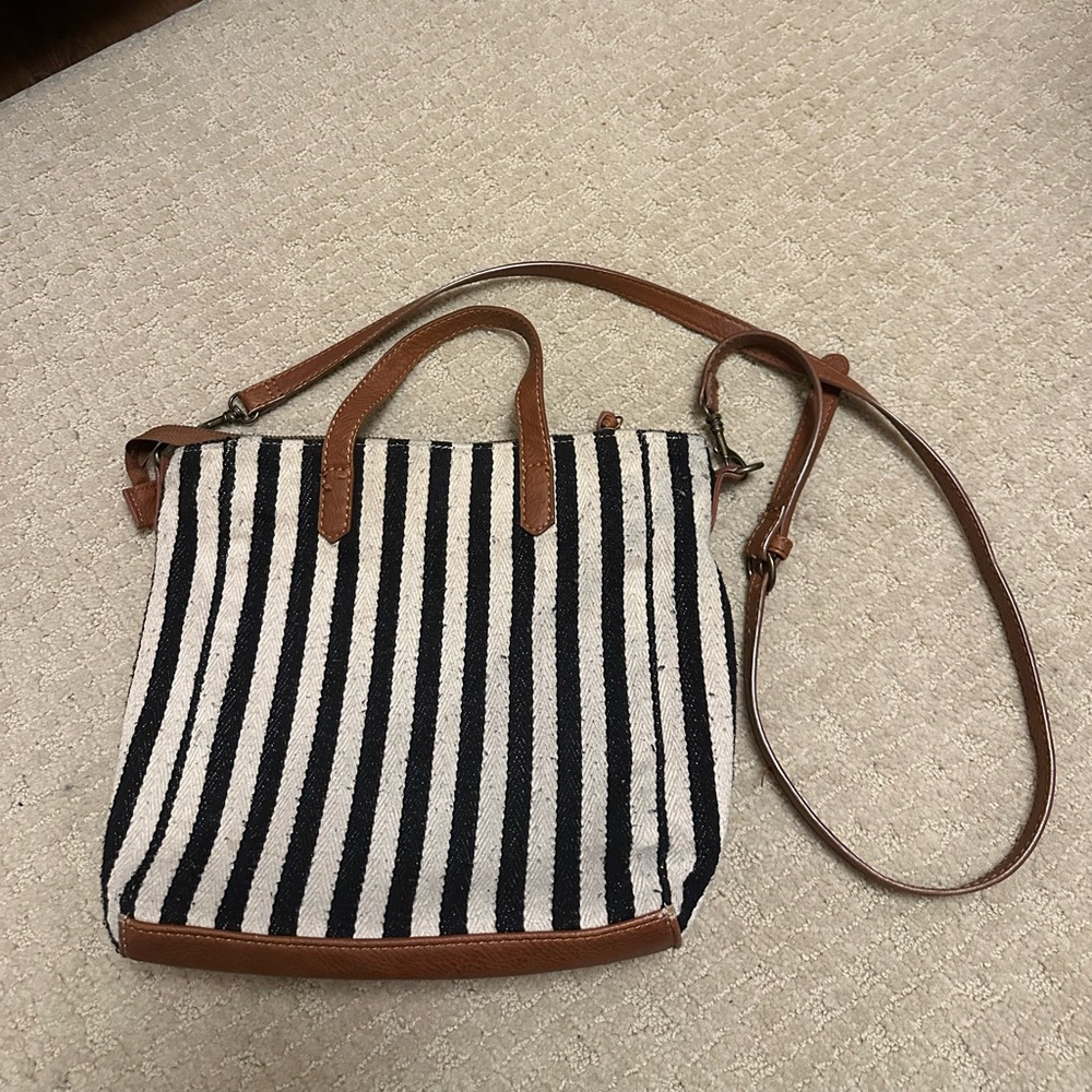 Universal Thread Striped Canvas Crossbody Tote with Brown Trim